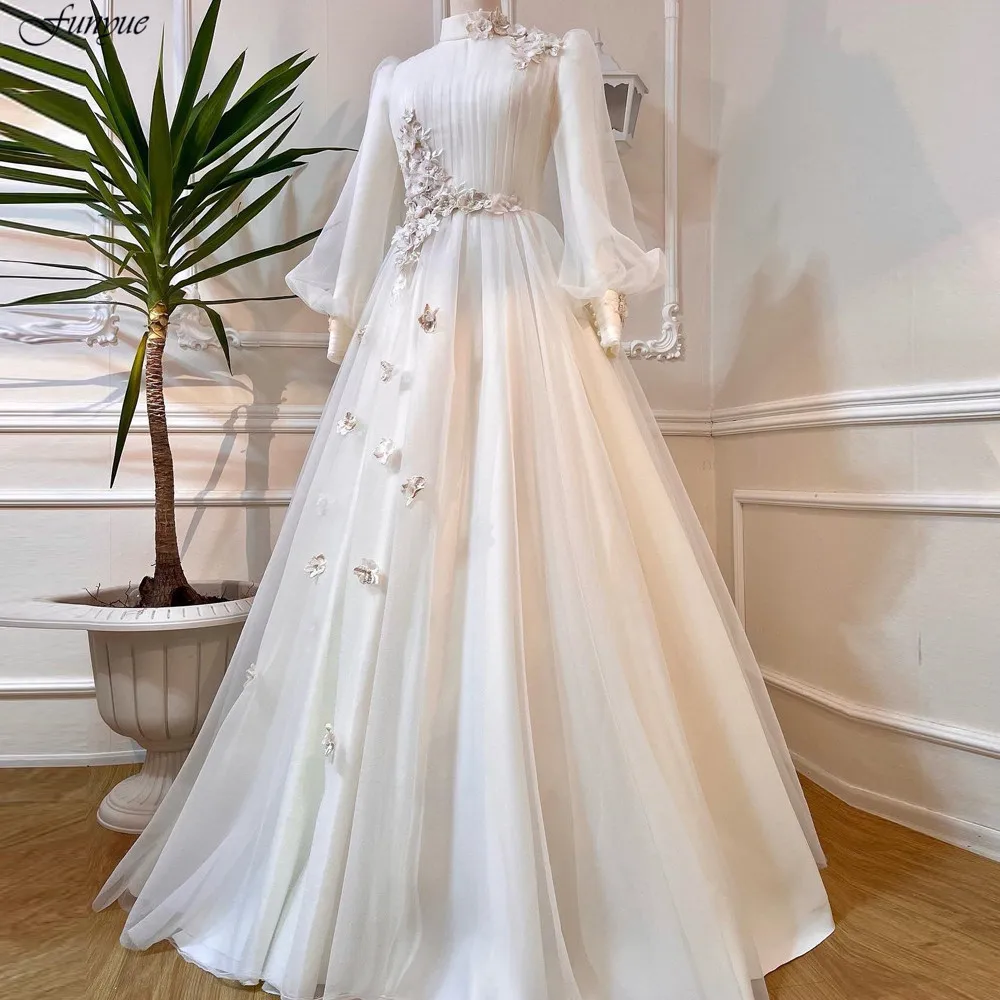 Funyue principessa avorio 3D fiori Abito da Sposa 2024 collo alto maniche lunghe abiti da Sposa per la Sposa a-line Tulle Abito da Sposa