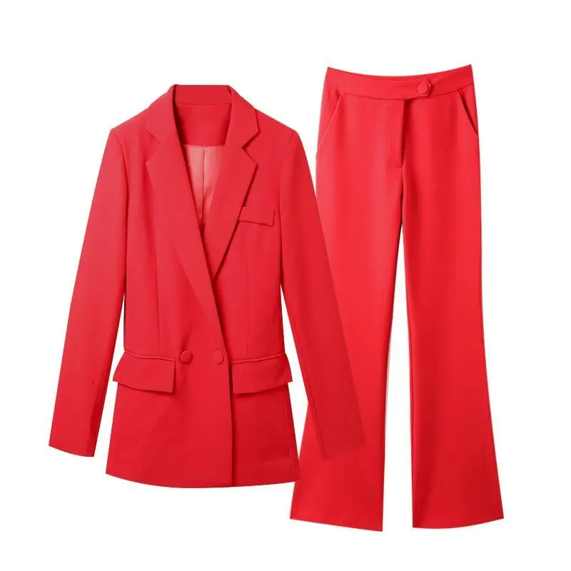 Spring/Summer 2024 New Red Professional Small Suit Coat Set Women's Fashion Style Wide Leg Pants Two Piece Set