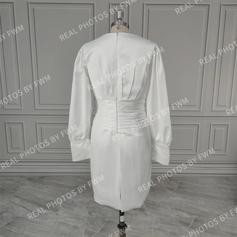 12853 #   Maßgeschneidertes Mini-Hochzeitskleid aus Satin mit langen Ärmeln und tiefem V-Ausschnitt für Damen, mit Kristallen verziertes Brautkleid für die Abendparty