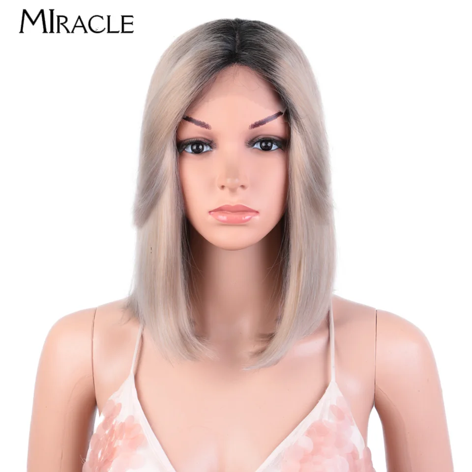 MIRACLE Short Bob Wigs Straight Synthetic Lace Front Wig for Women 12'' Cosplay Wigs with Bangs Ombre Blue Blonde Frontal Wig