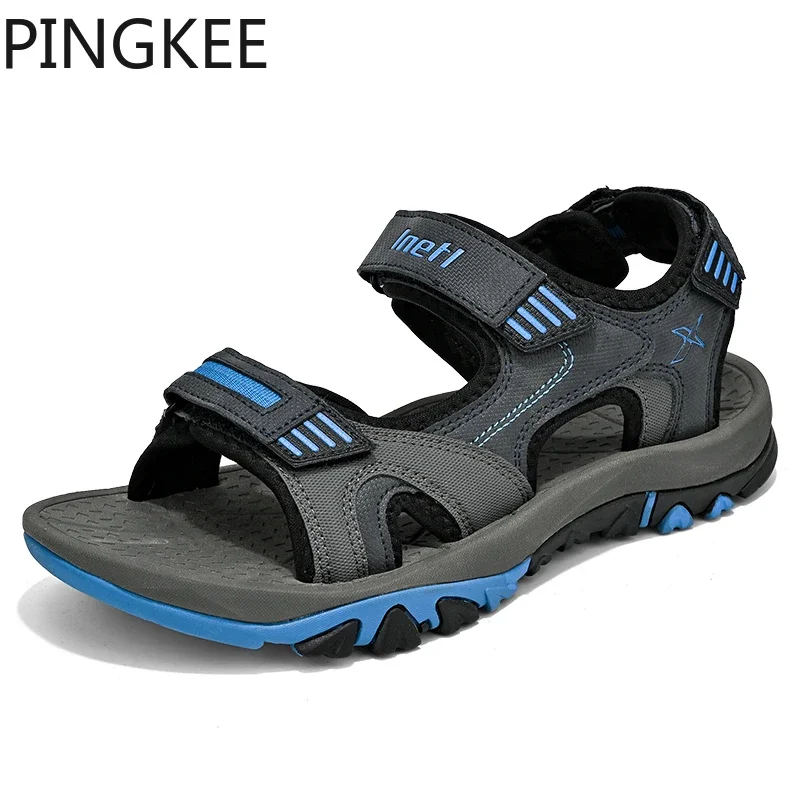 PINGKEE Men Summer Leather Mesh Fabric Lining Rubber Lug Sole Wading Beach Trail Padded Collar Tongue Hiking Sandals Men Shoes