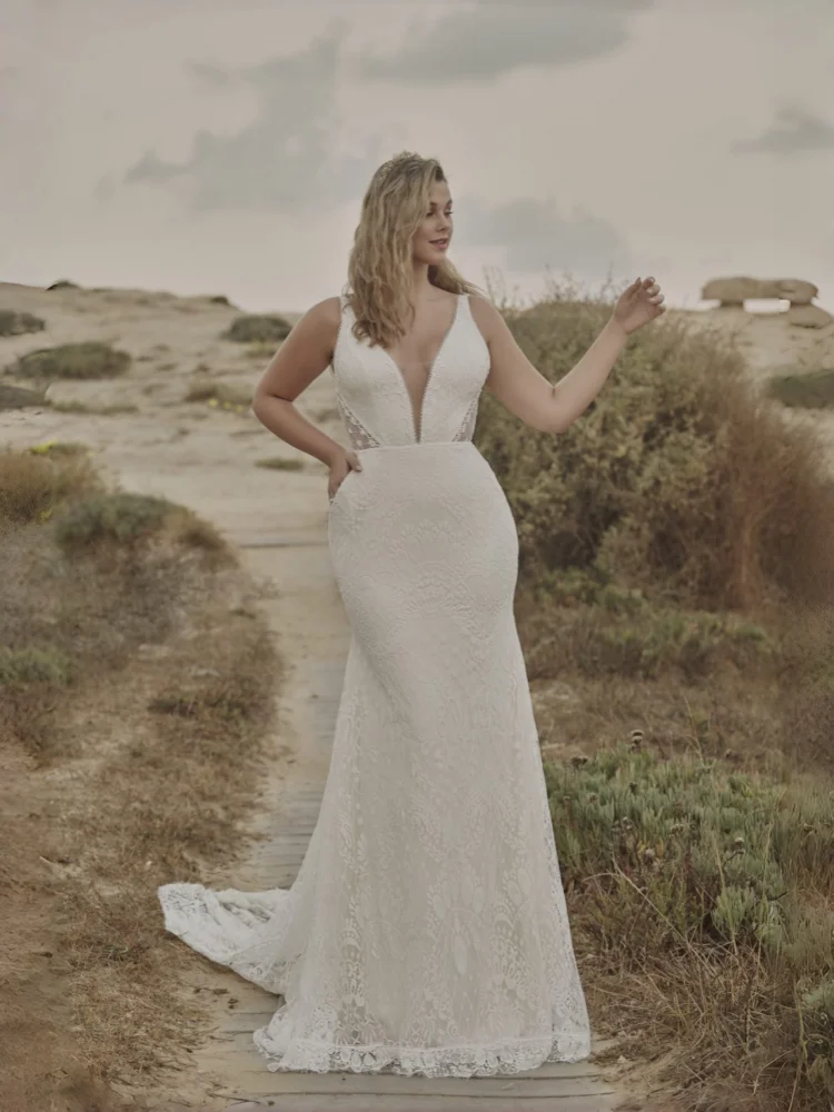 

Boho V Neck Sheer Lace Mermaid Wedding Dress With Pockets Low Back Button Details Bridal Gown Beach Outdoor Elopement Wedding
