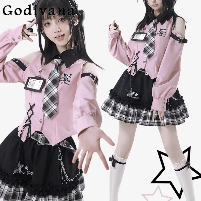

Lolita Style Outfits Women Off Shoulder Pink Black Autumn Shirt Original Design Skirt Slimming Set Female Japanese Skirt Suit