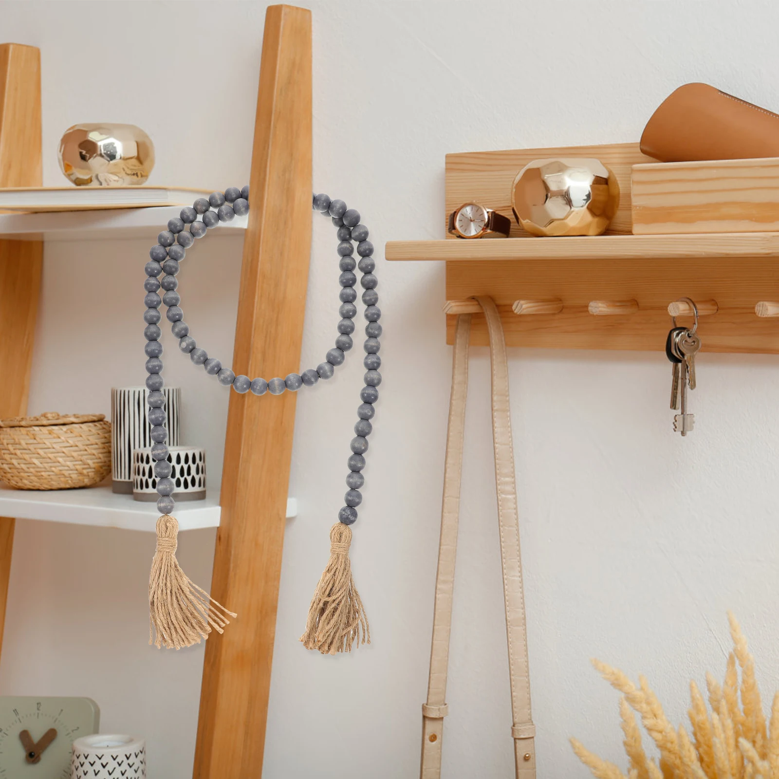 

3pcs Natural Wooden Garland Tassel Bead String Farmhouse Rustic Home Decor Wall Door Hanging Beaded Pendant Wood Beads Garlands