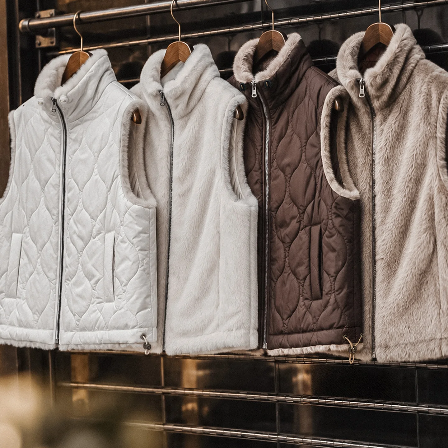 Maden Women's Reversible Quilted Vest Fleece Lined Warm Puffer Vest Stand Collar Diamond Pattern Layering Outerwear Fall Winter