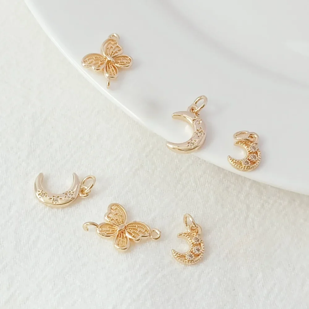

14K Gold-plated Color Preservation Zirconia Small Moon Lace Butterfly Embossed Double Hanging Handmade DIY Accessory