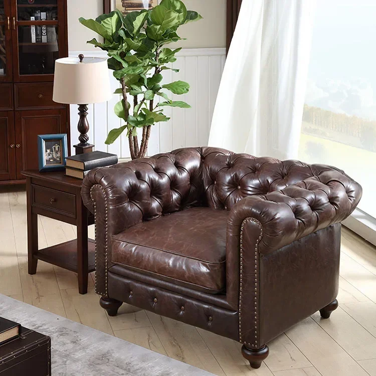 2023 New High Quality Oil Wax Leather Vintage Style Roll Arm Sofa