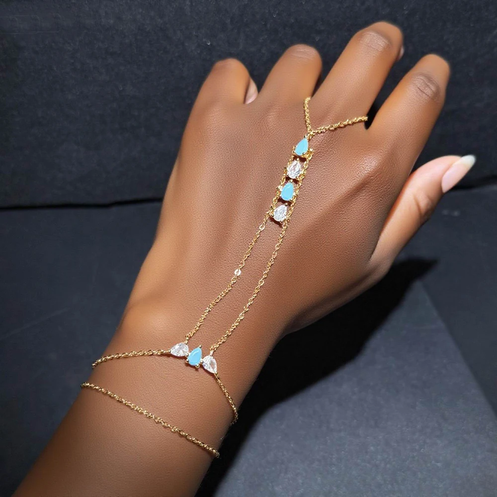 

Water Drop Finger Bracelet for Summer Geometric Bezel Setted Blue Turquoises Stone Hot Fashion Jewelry Women Hand Chain Bracelet