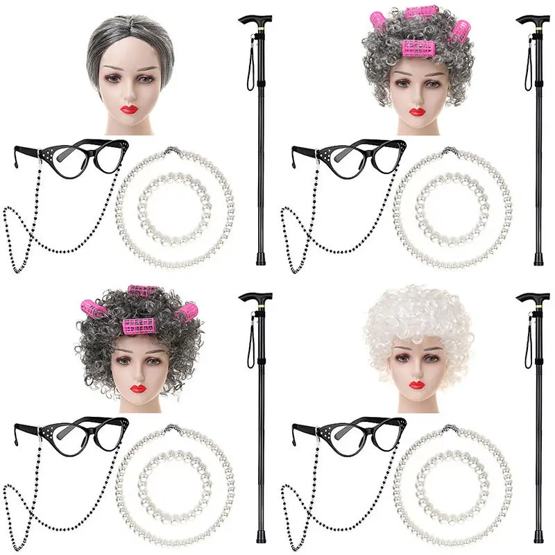 

Набор из 6 предметов: трость, парик для косплея старушки, очки, аксессуары для ролевых игр, костюм бабушки, набор аксессуаров для Хэллоуина
