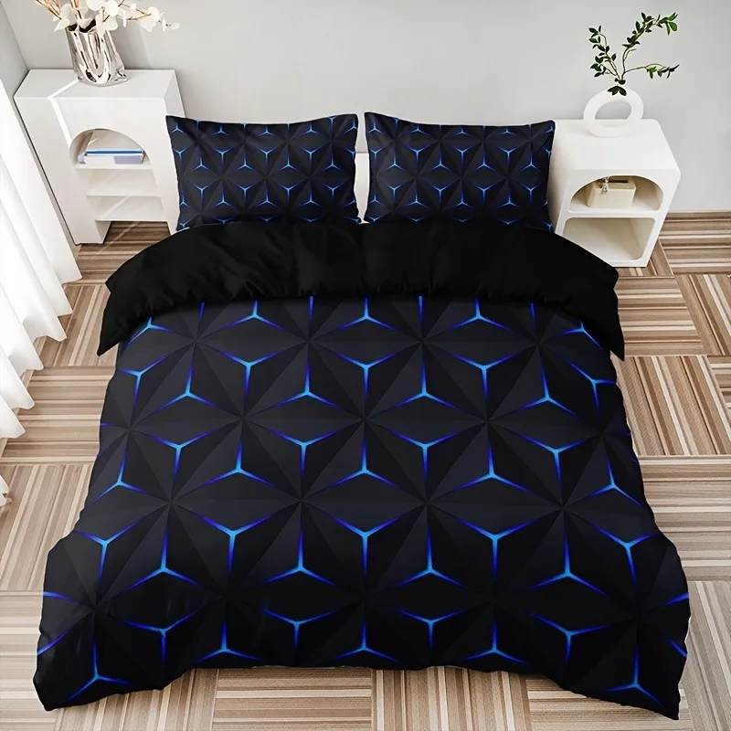 Black Blue Geometric 3D Duvet Cover Set 3pcs Modern Tech Triangle Bedding Set Hidden Zipper Quilt Cover 2 Pillowcases No Filler