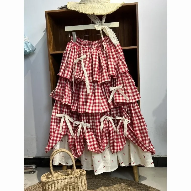 أحمر أزرق طويل القوس الحلو مطبوعة منقوشة التنانير Y2k ملابس عصرية الكورية خمر مطوي تنورة 2025 ربيع جديد غير رسمي #4