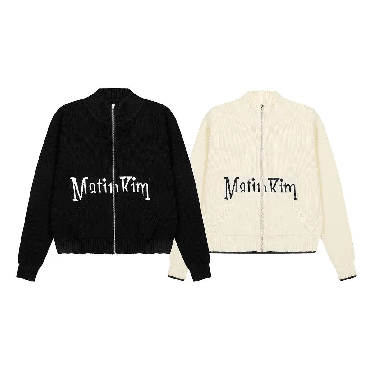 Matin Kim Fashion Knit Letter Zip-Up Korean Style Long Sleeve Cardigan, Loose Casual Sweater Top