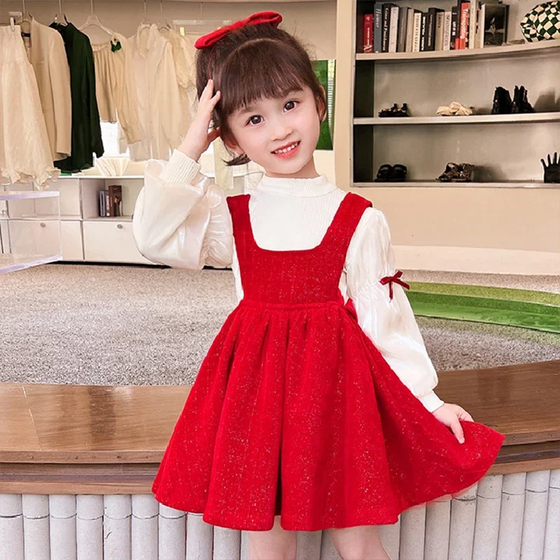 Girl Dress Sweet Red Bow Skirt 3-8 Year Old New Year Fashion Princess Dress Autumn and Winter Children Vest Skirt Set