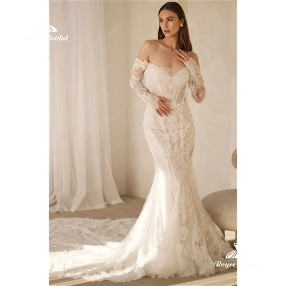 Roycebridal vestido de novia de sirena sin tirantes 2025 vestido de novia de cola de corte de encaje personalizado vestido de mariéevestidos de boda para fie