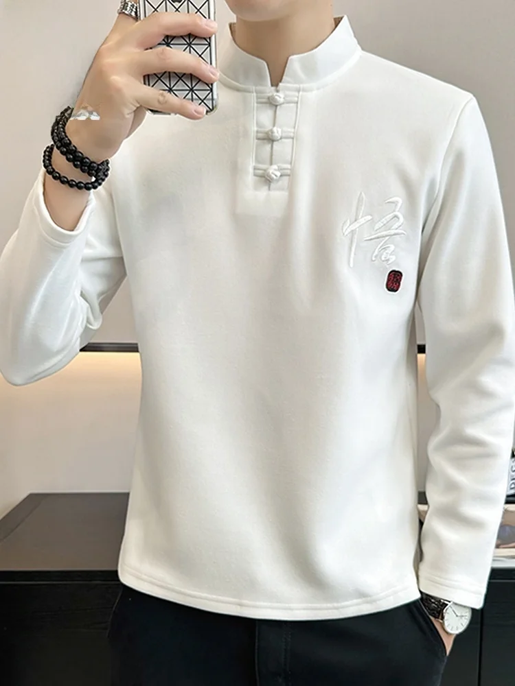 

Sle Long Sve T-irt Men's Spring Simple Embroidery Stand Collar Tang Suit Base irt Youth Trend Cotton Polyester