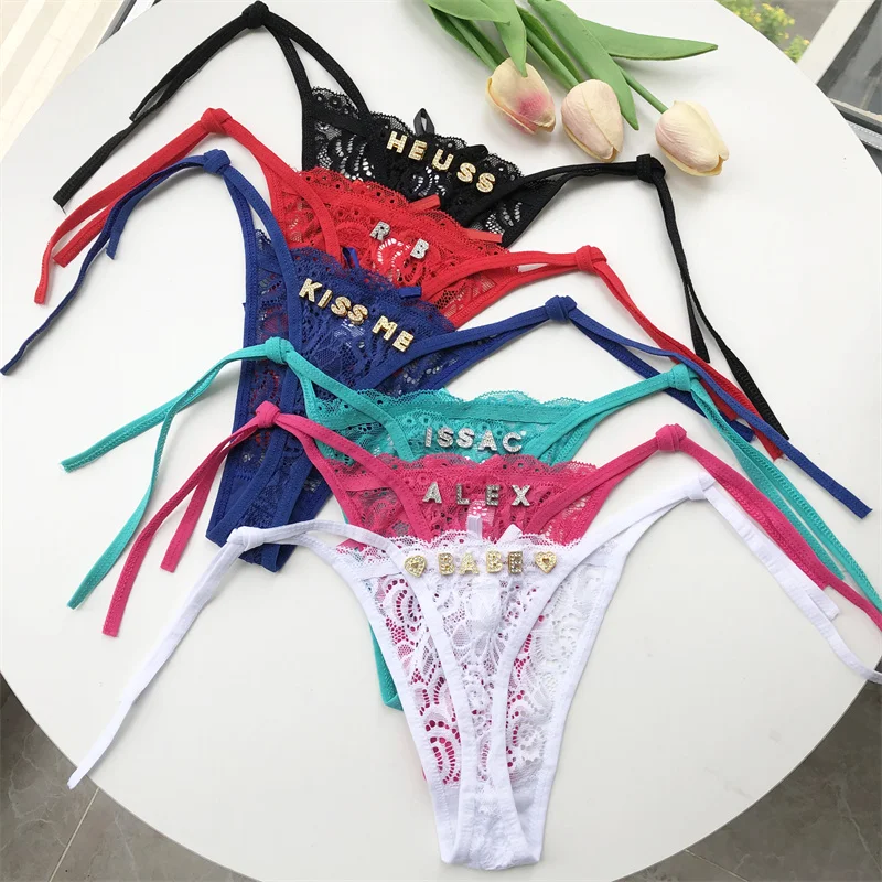 Personalized Customized Crystal Letter Sexy Women\'s Lace Underwear Thong Lumbar Adjustment G-String Low Waisted Underwear