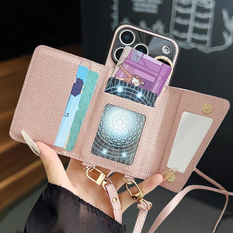 Crossbody-Geldbörsen-Handyhülle mit Make-up-Spiegel für iPhone 17 18 Pro Max 16 Pro 15 14 13 12, trendige Lederhülle mit Kartenfach und Lanyard – Detail 6