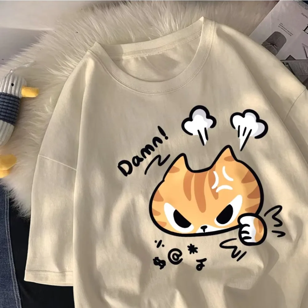 The Angry Cat Printed Round-neck and Womens Top Clothing New Fashion Summer Woman Clothing Cartoon Ladies Graphic T-Shirt