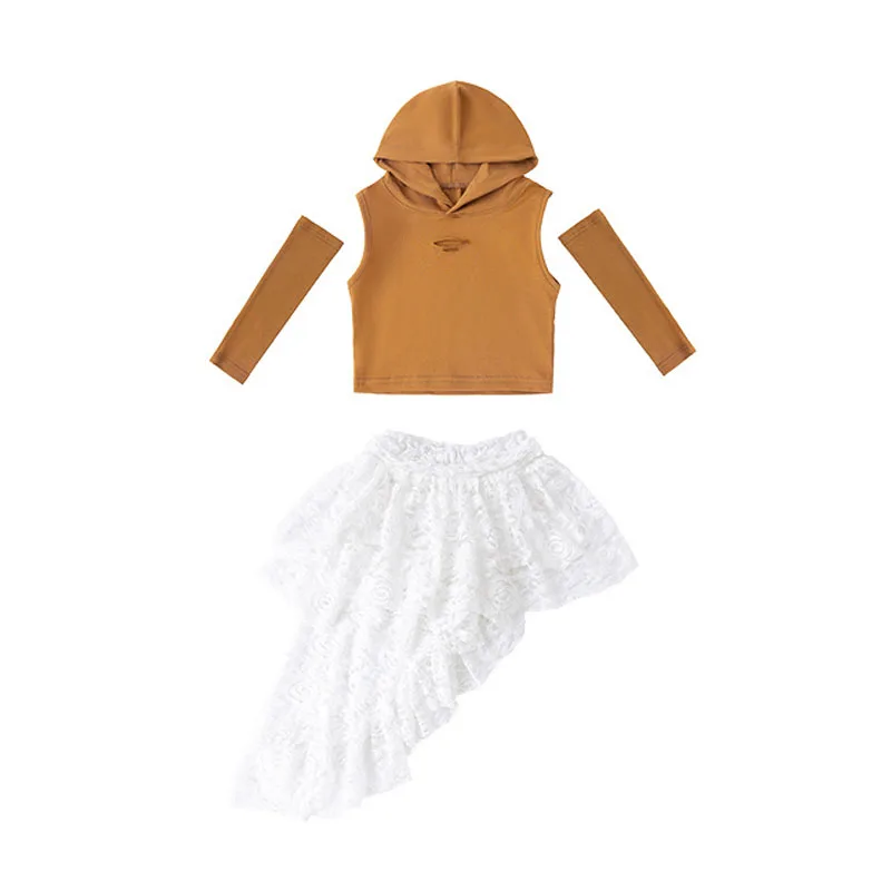 Kid Cool Hip Hop Clothing Brown Hoodie Tank Crop Top White Layered Irregular Hem Lace Skirt for Girl Jazz Dance Costumes Clothes