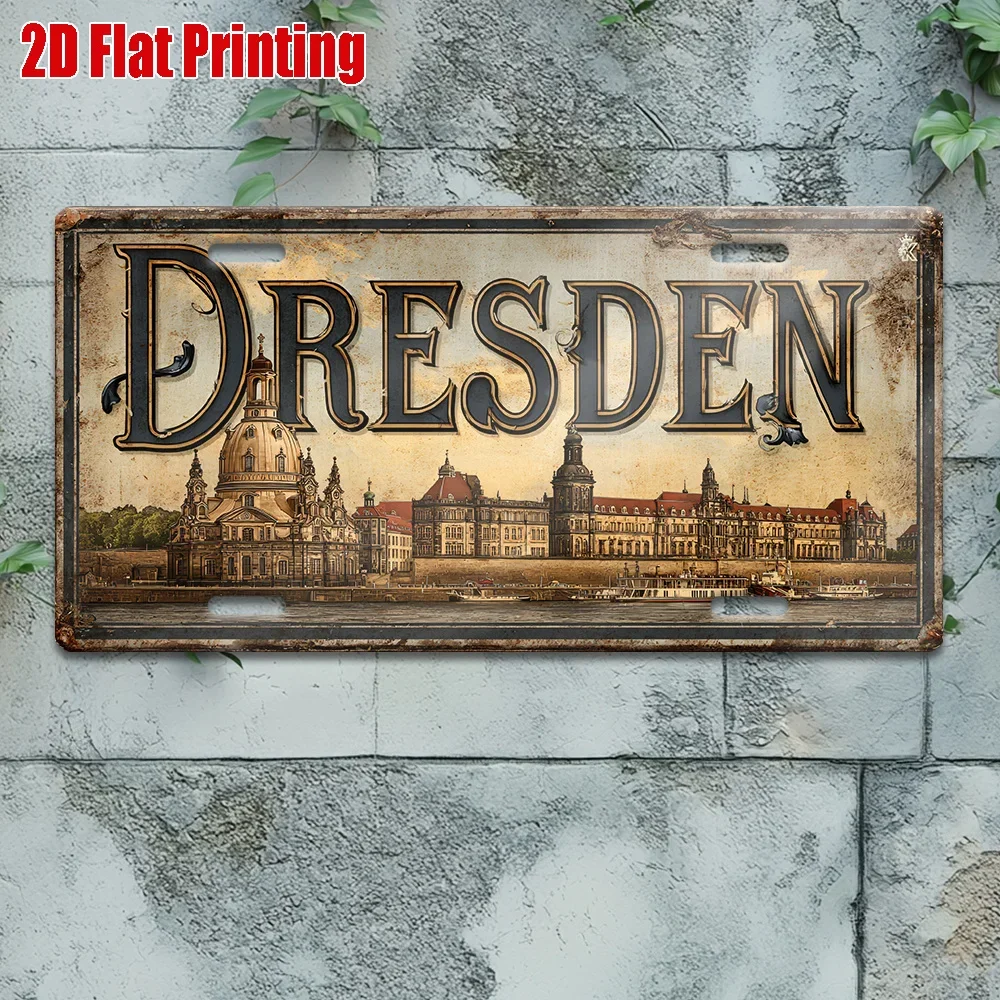2D Flat, Vintage Metal Plate, Wall Art  Aluminum Sign of The Historic City of Dresden, Perfect for Heritage Cafés, Living Roo