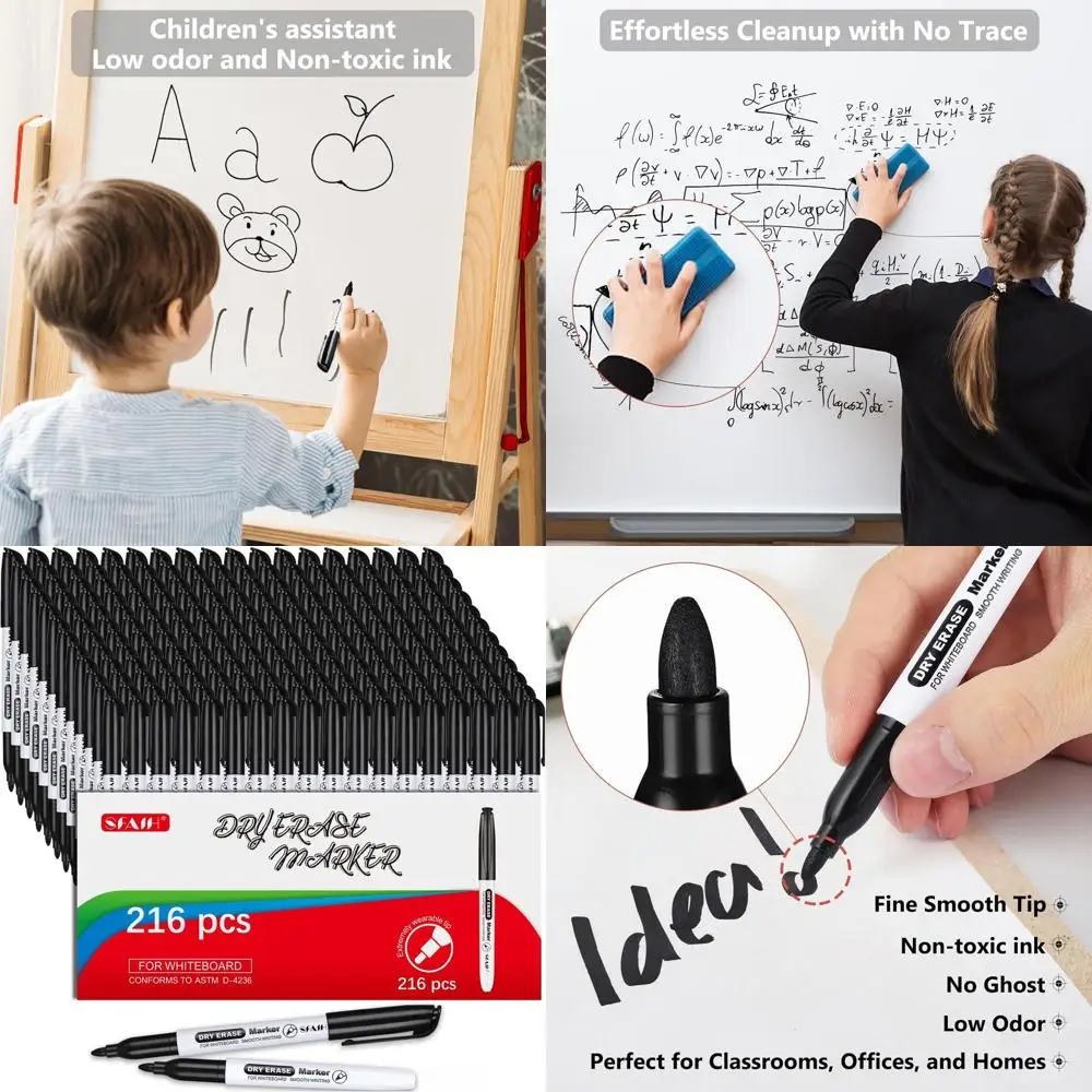 

Массовые маркеры для сухого стирания на 216 штук — нетоксичные, легко чистящиеся, идеально подходят для досок в классе, офисах и домах.