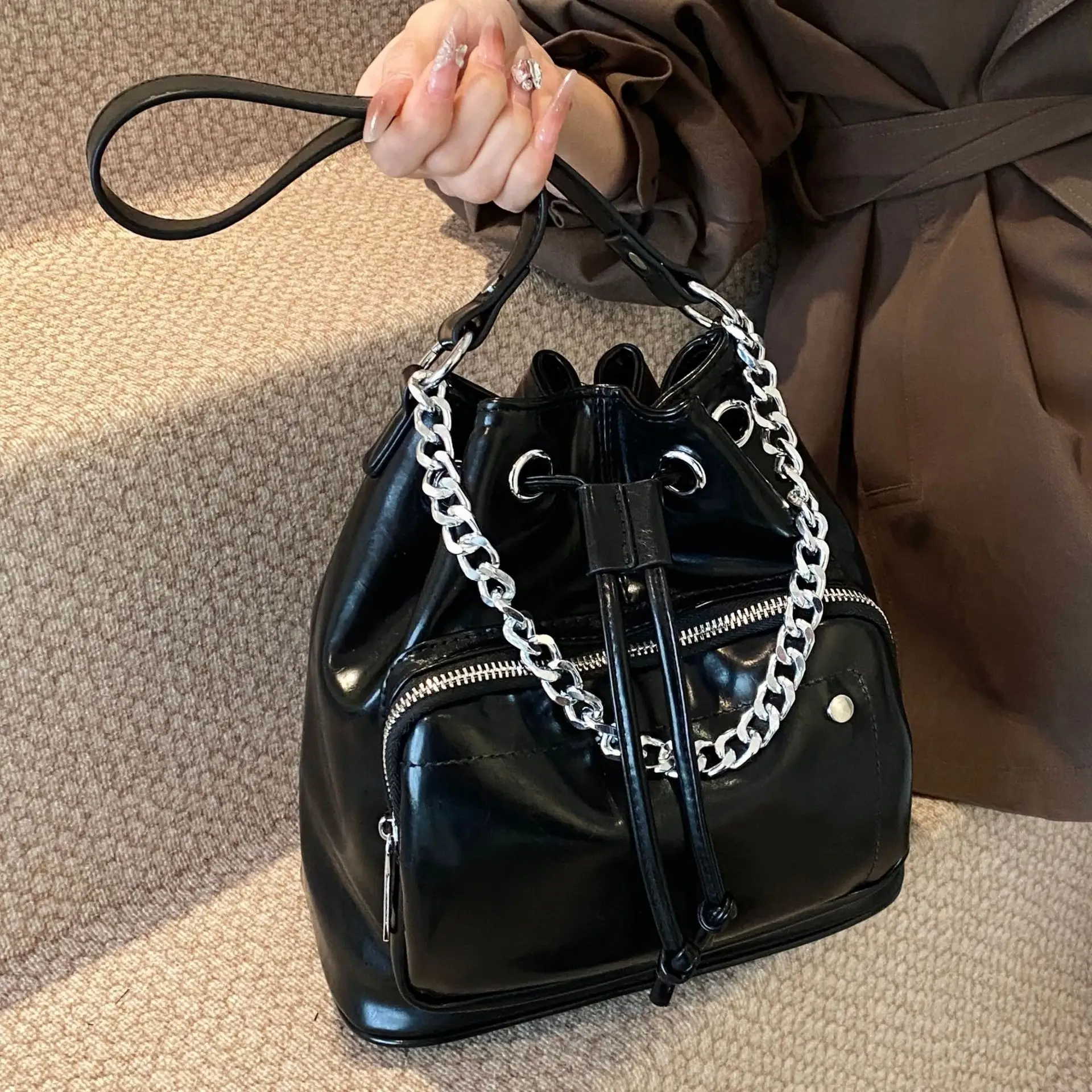 

Brand Women Bucket Shoulder Bags small PU Leather Designer Ladies Chain Crossbody bags female Handbags bolsas black