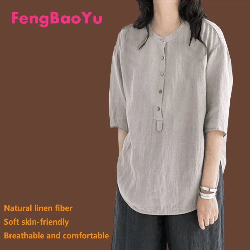 Fengbaoyu Linen Summer Lady Middle Sleeve Round Collar T-shirt Loose Breathable Sweat Absorption Fat Girl Blouse Women Clothing