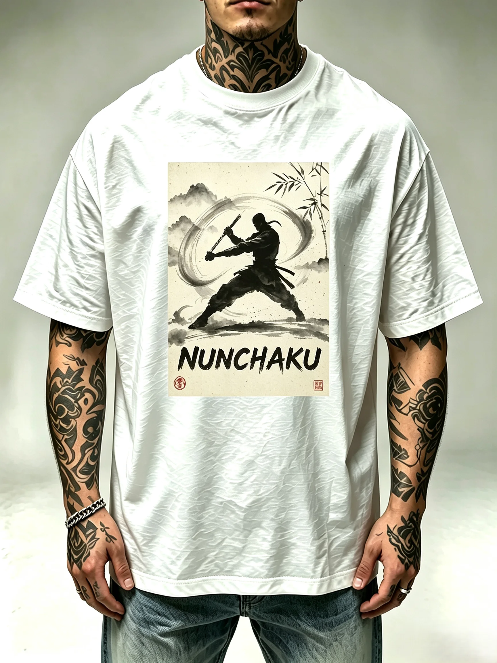 Unisex Nunchaku Chinese Ink Kung Fu Warrior T-Shirt Men Women Bamboo Mountain Martial Arts Silhouette Print Oversized Short Sleeve Streetwear Tops