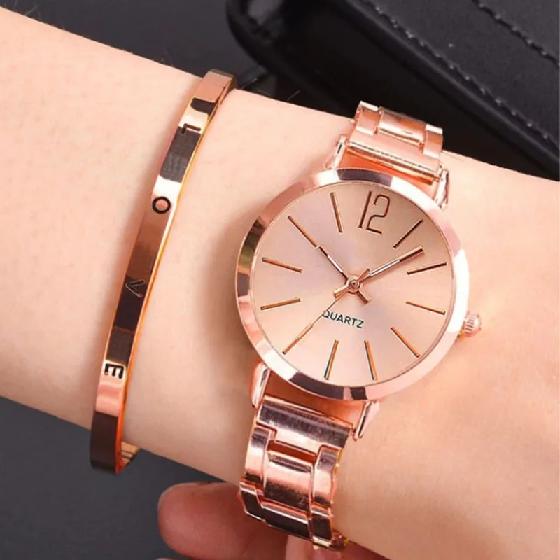 2pcs Set Watch Luxury Women Simple Dial Hollow Strap Fashion Gold Bracelet Quartz Wristwatch Student Ladies Watches Reloj Mujer