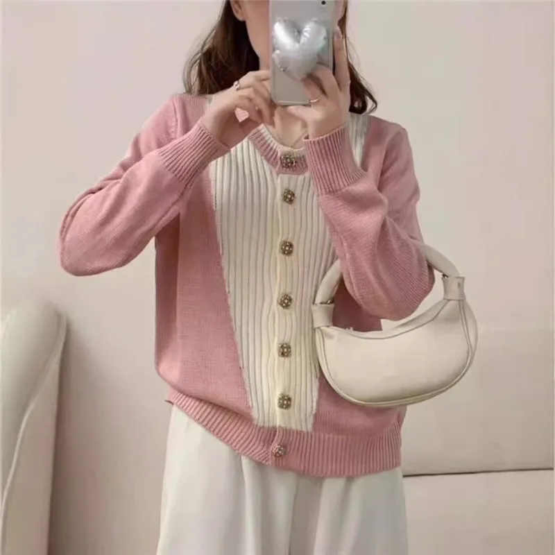 

Осень и зима, новый контрастный вязаный кардиган с круглым вырезом, женский корейский короткий свитер с ленивым ветром, пальто