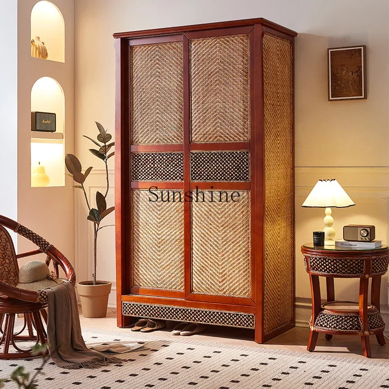 New Chinese solid wood wardrobe household double door sliding rattan wardrobe