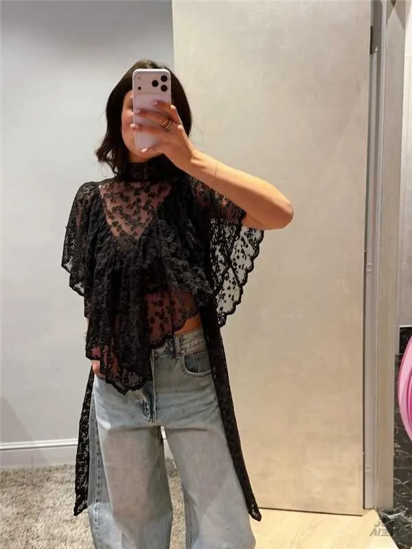 KIDCRKJ Women Summer Flower Embroidery Lace Sheer T-Shirt Irregular Triangle Ruffled Hem Capes Flutter Sleeves High Neck Top