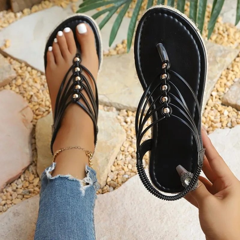 Women's Thong Sandals Flat Strappy Shoes Featuring Decorative Studs and Elastic Back Strap Casual Summer Footwear Daily Wear
