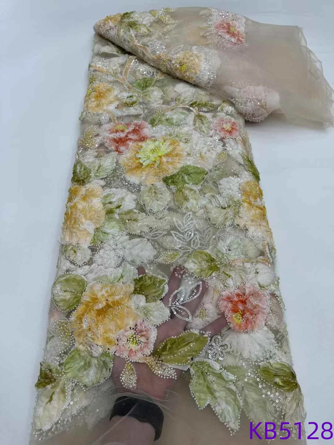 Latest 2025 Purple Lilac 3D Beaded Tulle Lace Fabric High Quality African Lace Fabric French Mesh With Sequins For Sewing KB5128