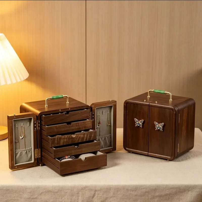 Portable Black Walnut Solid Wood Jewelry Box Multi Layer Large Capacity Storage Case for Earrings Necklace Chinese Style