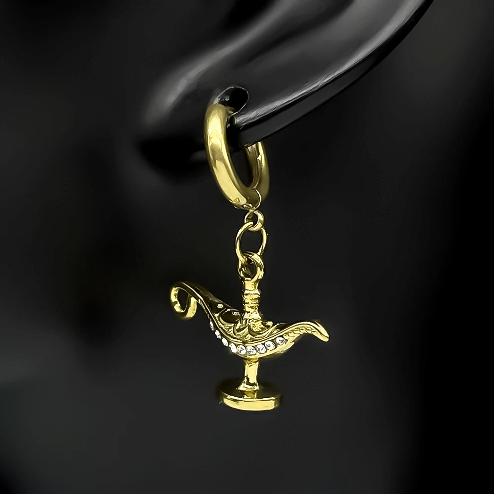 Vintage Arabic Aladdin Lamp Rhinestones Hoop Earrings for Women Men Stainless Steel Gold Color Drop Dangle Earring Jewelry Gift