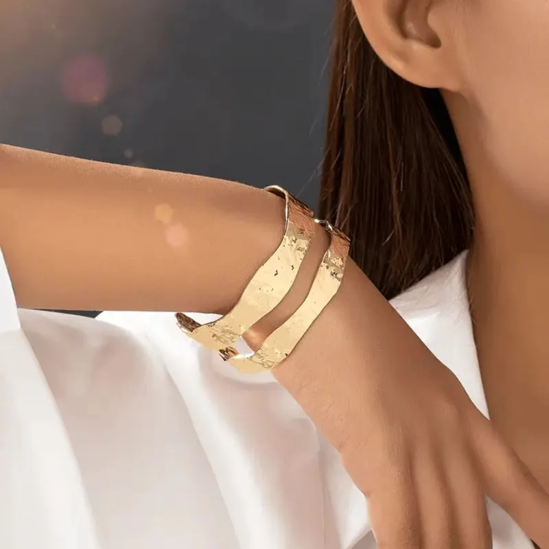 Vintage Irregular Gold Plated Cuff Bracelets Adjustable Dainty Open Bangle Handemade Jewelry for Women