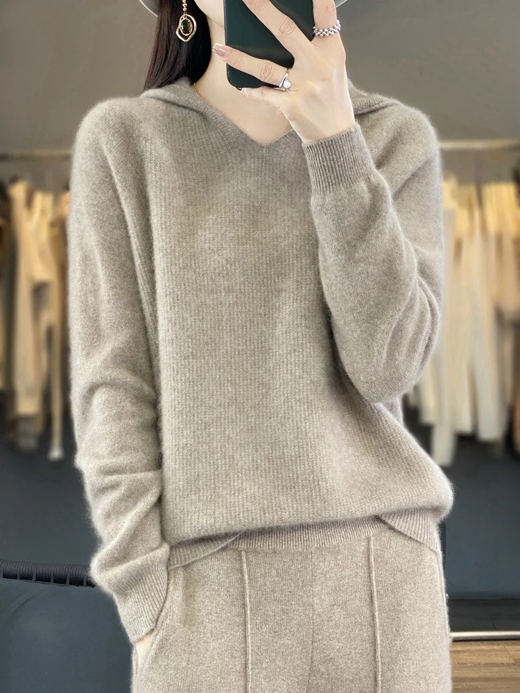 ADDONEE Women Basic Hooded Pullover Sweater 100% Merino Wool Long Sleeve Cashmere Knitwear Korean Popular Clothes Autumn Winter