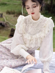 SpringSummer Shirts Tops Women Vintage Style Elegant Creamy White Lantern Sleeves Ruffle Lace Cotton Shirts/Blouses