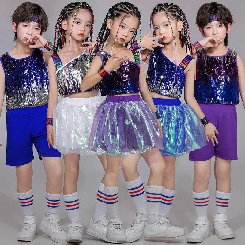 Cheerleading Performance Clothing Children's Sequins Street Dance Fashion Clothing Hip Hop Girls' Jazz Dance holographic Coszei - zdjęcie 1