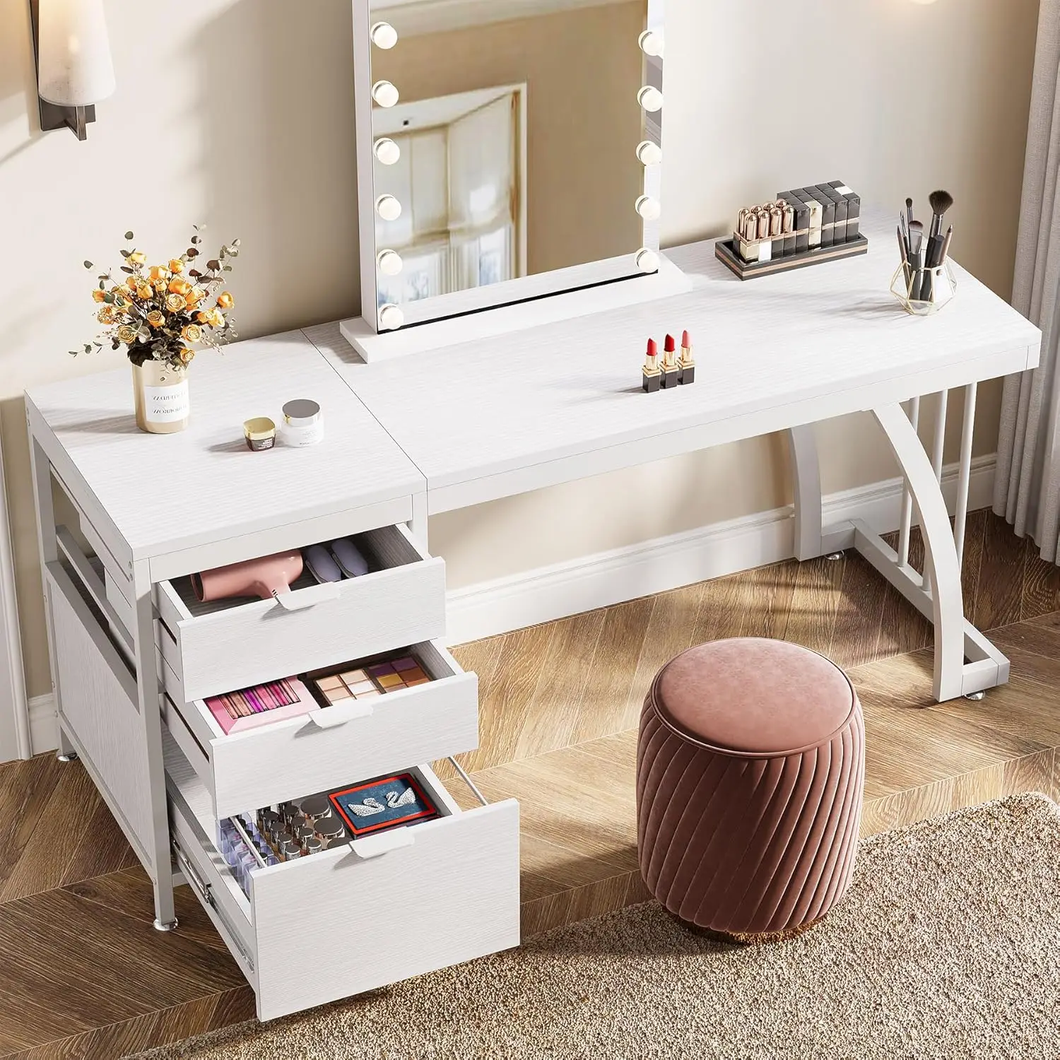 #Large Vanity Desk with Reversible Drawers Makeup Table for Bedroom White