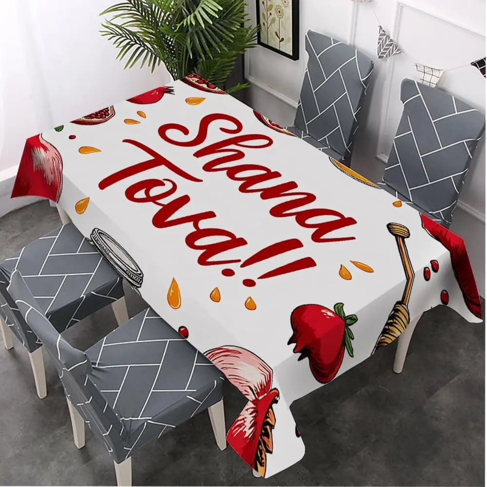 Shana Tova Rectangle Tablecloth for Table Decor Reusable Rosh Hashana Pomegranate Horns Table Cloth Jewish Fiesta Party Decor