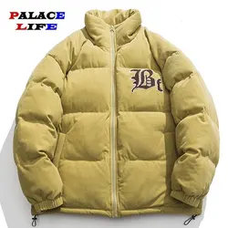 Velluto a coste uomo parka giacca cappotto giapponese Streetwear lettera ricamo Patchwork cappotto Harajuku cotone Oversize capispalla invernale