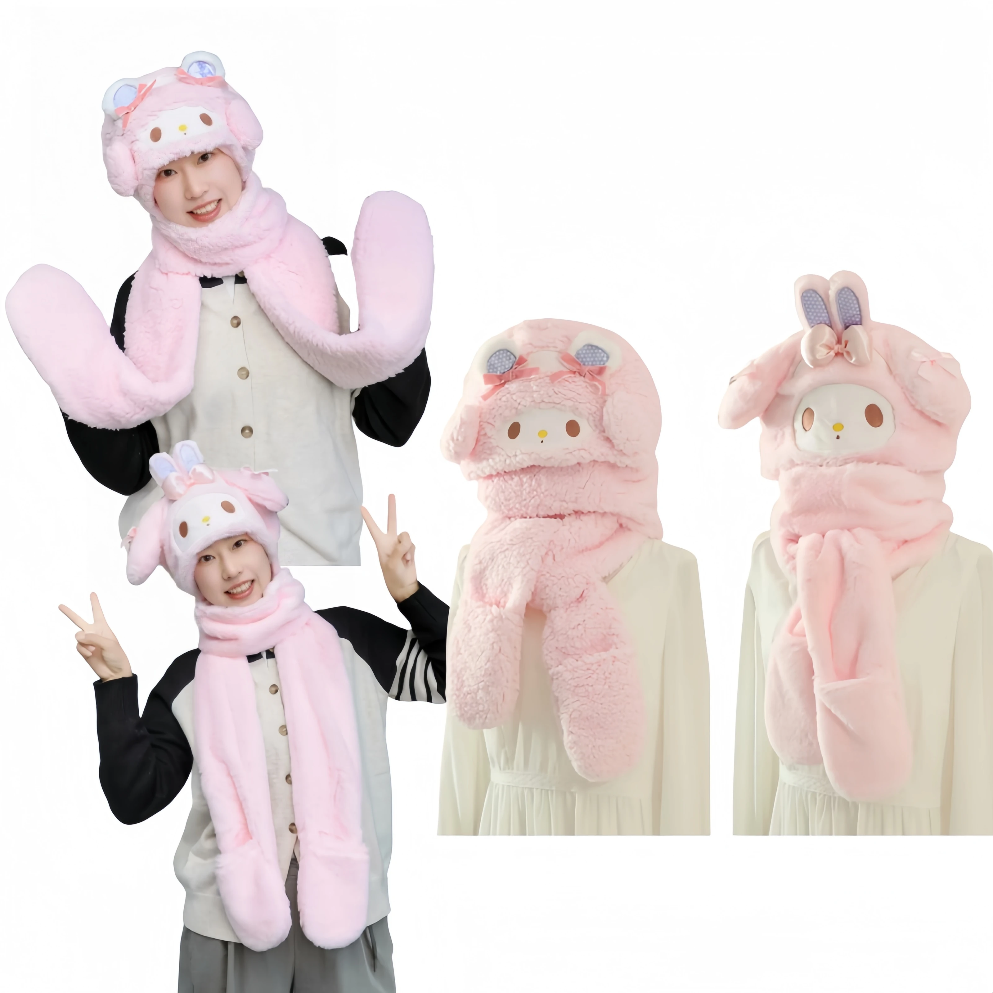 Sanrio My Sweet Piano Cartoon Warm Hooded Scarf Girl Women My Melody Lolita Winter Plush Hats Scarves Xmas Gifts Washable