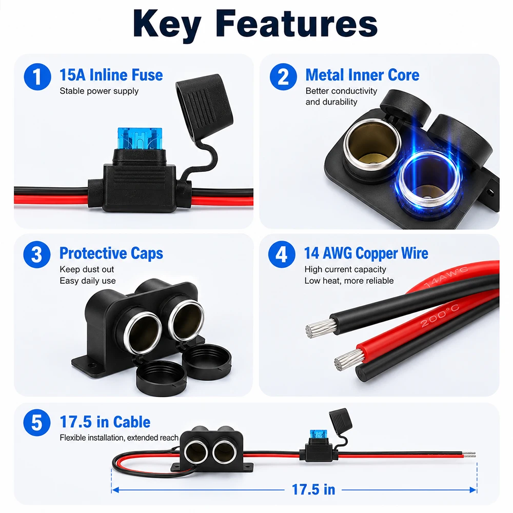 12V Dual Socket Zigarettenanzünder Splitter mit 15A Sicherung für Auto LKW RV Marine Steckdose Adapter – Detail 2
