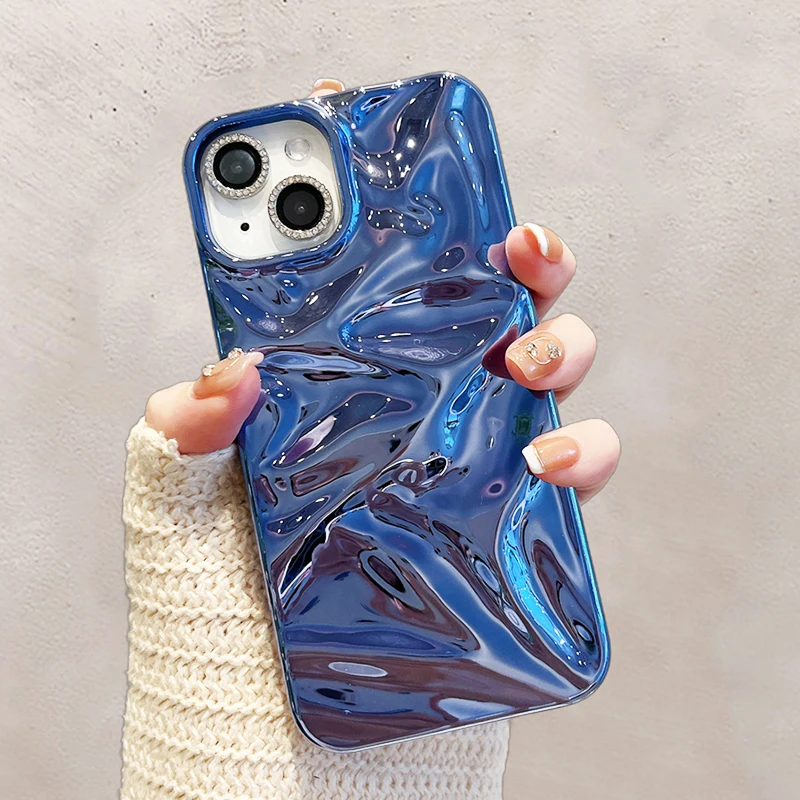 Plating Blue Glossy Water Ripple Phone Case For iPhone 17 Air 16 15 14 13 12 11 Pro Max 16 Plus Soft Shockproof Back Cover
