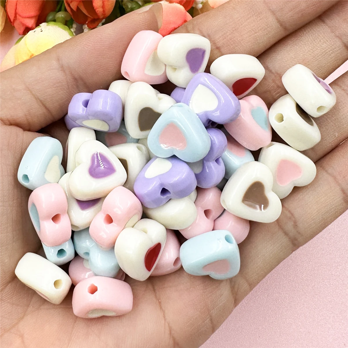 60pcs 14.4*12.9mm Acrylic Two Color Heart Beads For Bracelet Phone Chain Making DIY Jewelry Accessories Beaded Materials