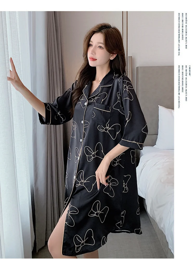 Stain Nightdress for Women Short Sleeve Spring Summer Bow Nightgowns & Sleepshirts Women Sleepwear Shirt Buttons Outwear Pjs