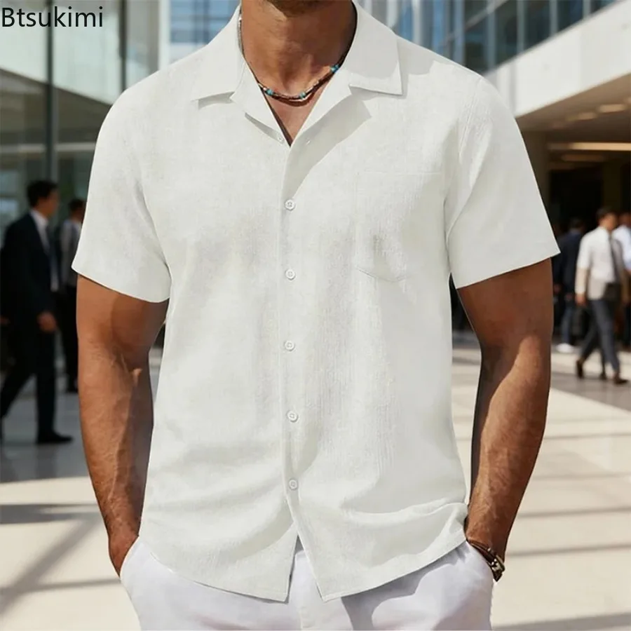 New Men's Light Business Short Sleeve Shirts Tops Casual  Solid Color Cuban Collar Cardigan Summer Holiday Premium Pocket Blouse