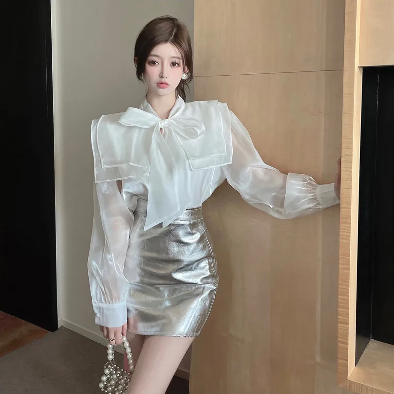 

Модный кукольный воротник с узлом, длинный топ и облегающая юбка све, комплект женской весенне-осенней одежды